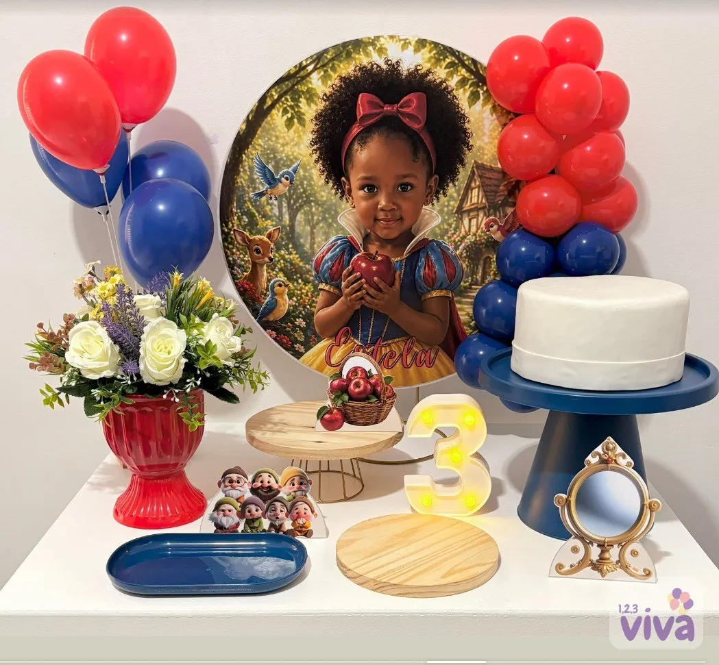 Painel personalizado com o rosto da aniversariante como Branca de Neve