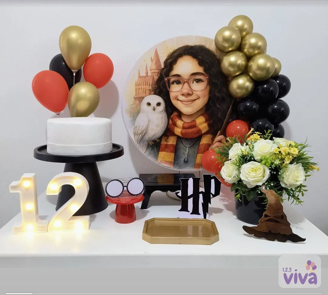 Painel personalizado com o rosto da aniversariante em tema Harry Potter
